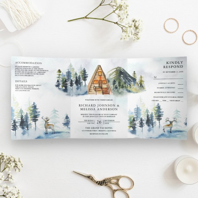 Convite Com Dobra Tripla Cabine A-Frame Lodge Casamento Inverno Floresta Mo (Criador carregado)