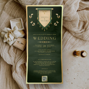Convite Com Dobra Tripla Caça Antiga Verde Dourado Medieval de Casamento