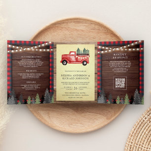Convite Com Dobra Tripla Caminhão de Natal Vermelho Vintage Código QR Casam