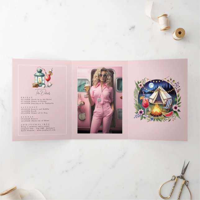 Convite Com Dobra Tripla Camp Noiva Bachelorette Fotemfinal de Semana e Cód (Dentro)