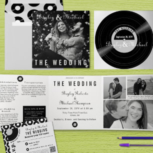 Convite Com Dobra Tripla Capa de Álbum de Vinil Única Foto B&W Casamento 