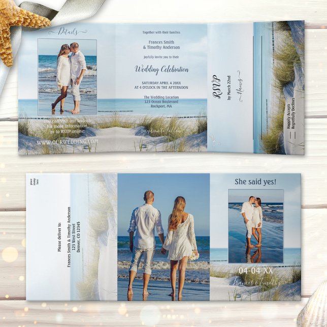 Convite Com Dobra Tripla Casamento All-in-one de dunas e praia 3 (All in one wedding photo invitation featuring an image of dunes overlooking a beach and ocean)