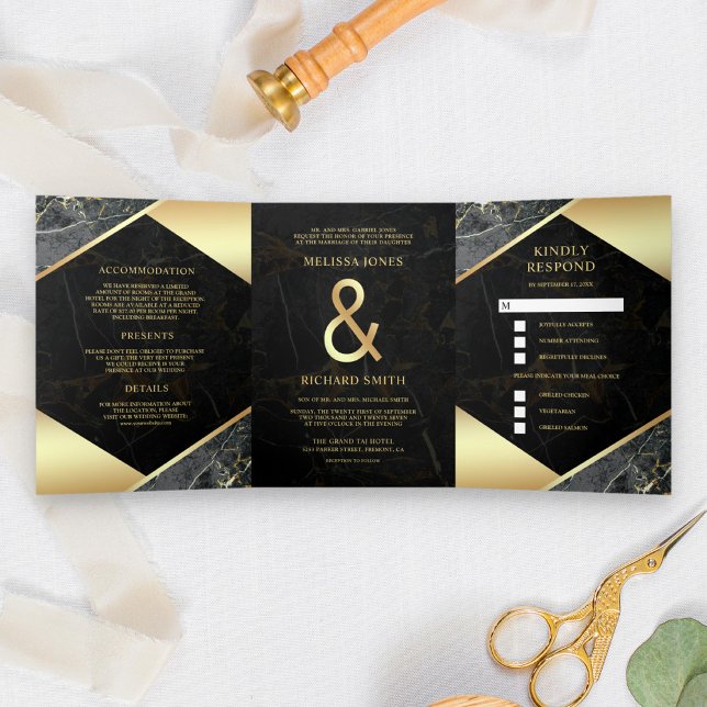 Convite Com Dobra Tripla Casamento Ampersand de Mármore Cinza Carvão Modern (Criador carregado)