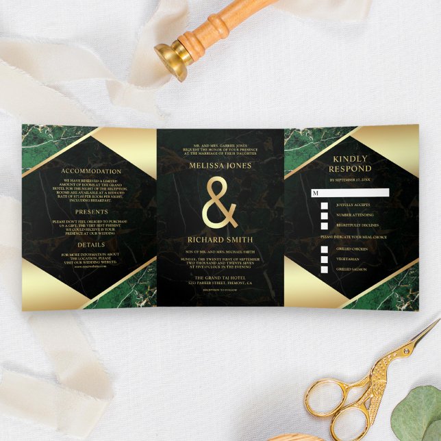 Convite Com Dobra Tripla Casamento Ampersand de Mármore Verde Esmeralda Mod (Criador carregado)