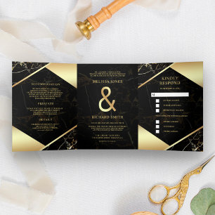 Convite Com Dobra Tripla Casamento Ampersand Mármore Preto Ouro Moderno
