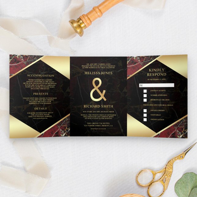 Convite Com Dobra Tripla Casamento Ampersand Moderno em Mármore Vermelho Bo (Criador carregado)