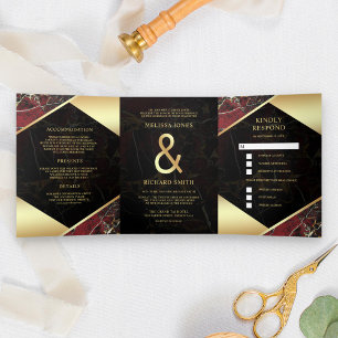 Convite Com Dobra Tripla Casamento Ampersand Moderno Mármore Dourado Vermel