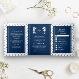 Convite Com Dobra Tripla Casamento Âncora Náutica Azul e Branco Cavalo-Mari