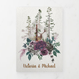 Convite Com Dobra Tripla Casamento Aquarela Floresta Montanha