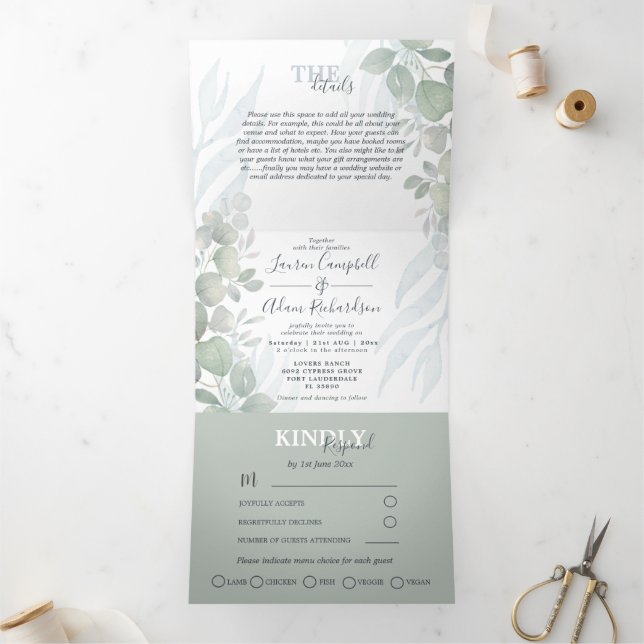 Convite Com Dobra Tripla Casamento Aquarela Verde Sálvia Eucalipto Rústico  (Dentro)
