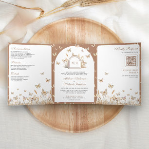 Convite Com Dobra Tripla Casamento Arco de Borboleta Flor Silvestre Bege Bo