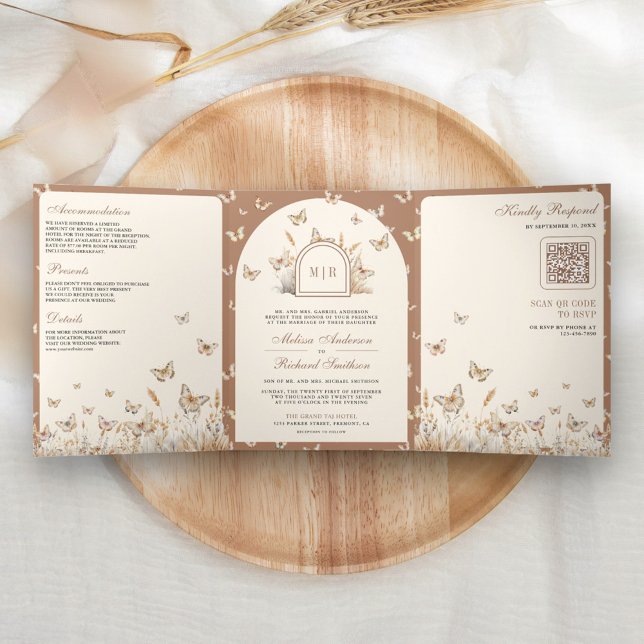 Convite Com Dobra Tripla Casamento Arco de Borboleta Flor Silvestre Bege Cr (Criador carregado)