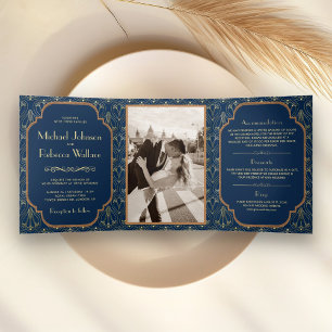 Convite Com Dobra Tripla Casamento Art Déco Azul Naval Vintage Grande Gatsb