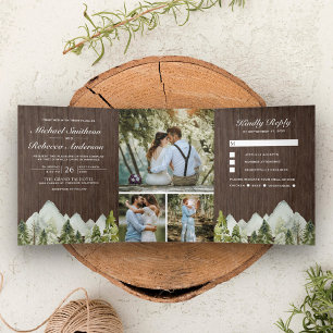 Convite Com Dobra Tripla Casamento Árvores de Pinheiro Montanhosas Aquarela