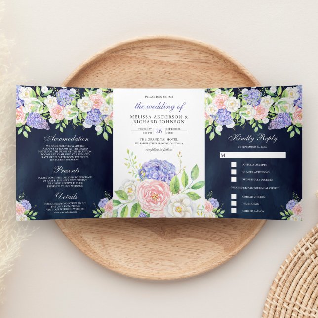 Convite Com Dobra Tripla Casamento Azul com Marinho de Hydrangea, Rosa Rosa (Criador carregado)