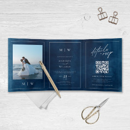 Convite Com Dobra Tripla Casamento Azul de Marinho Elegante Monograma e Fro