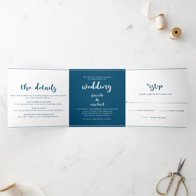 Convite Com Dobra Tripla Casamento Azul e Branco com Script Minimalista (Dentro)