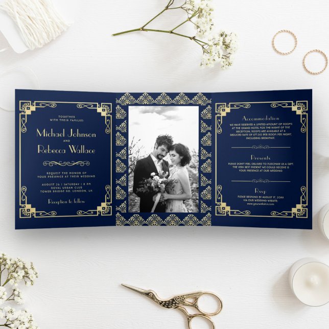 Convite Com Dobra Tripla Casamento Azul e Dourado em Estilo Art Déco Antigo (Criador carregado)