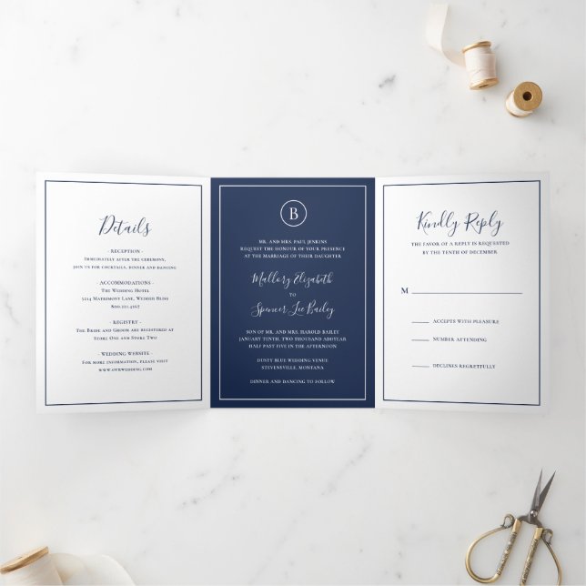 Convite Com Dobra Tripla Casamento Azul Marinho Tradicional Elegante (Dentro)