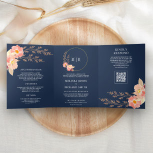 Convite Com Dobra Tripla Casamento Azul Naval Código QR Floral Orquídea Boh
