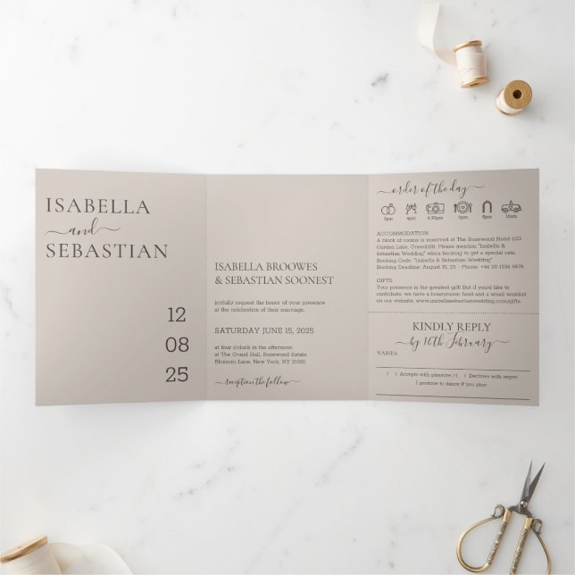 Convite Com Dobra Tripla Casamento Bege Suave Tudo em um conjunto gentilmen (Dentro)