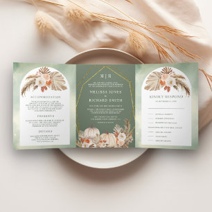 Convite Com Dobra Tripla Casamento Boho Pampas Abóbora Floral Sage Verde Ou