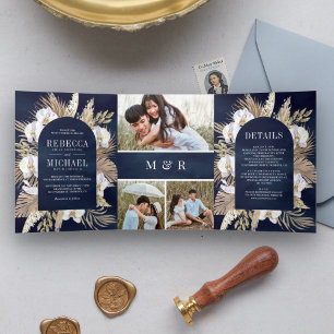 Convite Com Dobra Tripla Casamento Boho Pampas Orquídea Branca Palma Naval