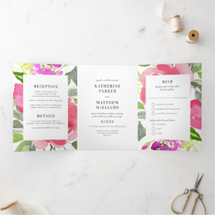 Convite Com Dobra Tripla Casamento bonito com Primavera Floral Watercolor A