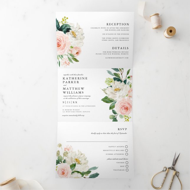 Convite Com Dobra Tripla Casamento bonito de Floral All-In-One da Watercolo (Dentro)