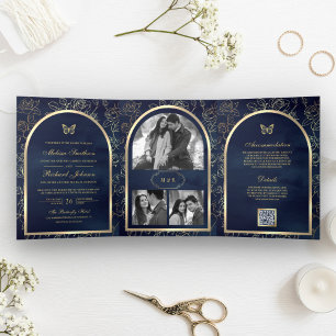 Convite Com Dobra Tripla Casamento Borboleta Arco Dourado Arte Linha Azul M