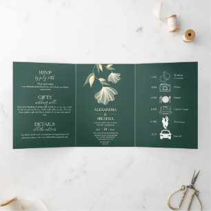 Convite Com Dobra Tripla Casamento Botânico Emerald Green