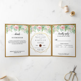 Convite Com Dobra Tripla Casamento Botânico Fab Floral Rosa