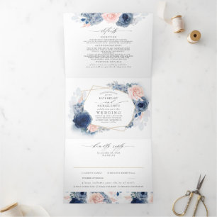 Convite Com Dobra Tripla Casamento Botânico Floral Dusty Blue e Rosa