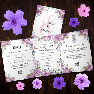 Convite Com Dobra Tripla casamento botânico roxo na moda moderno com aquare