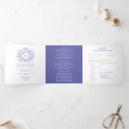 Convite Com Dobra Tripla Casamento branco e azul do Monograma
