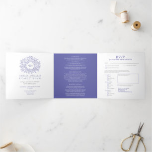 Convite Com Dobra Tripla Casamento branco e azul do Monograma