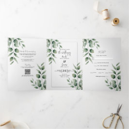 Convite Com Dobra Tripla Casamento Branco Moderno com Folhas de Vegetação M