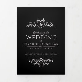 Convite Com Dobra Tripla Casamento branco preto com arte cardíaca monográfi