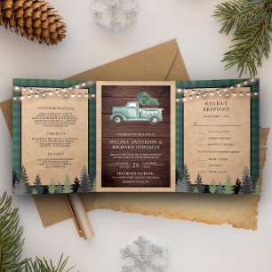 Convite Com Dobra Tripla Casamento Caminhão de Natal Verde Vintage Kraft Rú