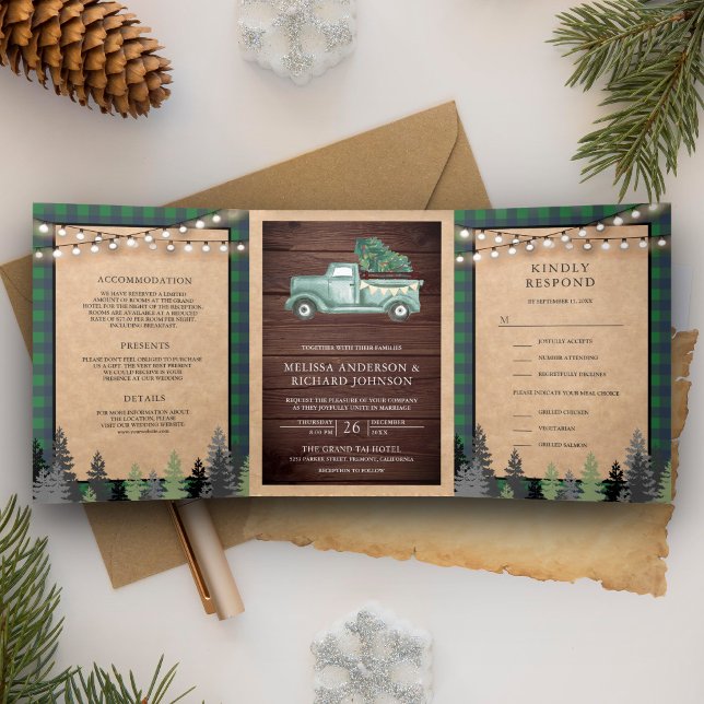 Convite Com Dobra Tripla Casamento Caminhão de Natal Verde Vintage Kraft Rú (Criador carregado)