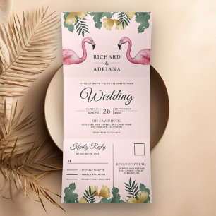 Convite Com Dobra Tripla Casamento Casal de Flamingo Rosa Tropical Palmeira