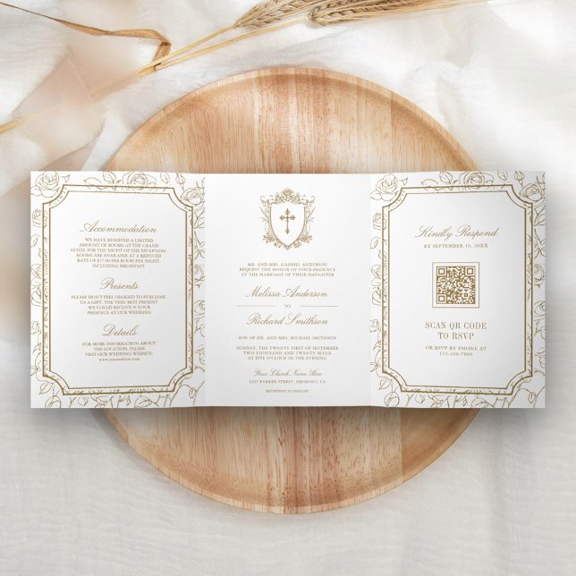 Convite Com Dobra Tripla Casamento Católico com Código QR Branco e Dourado  (Criador carregado)
