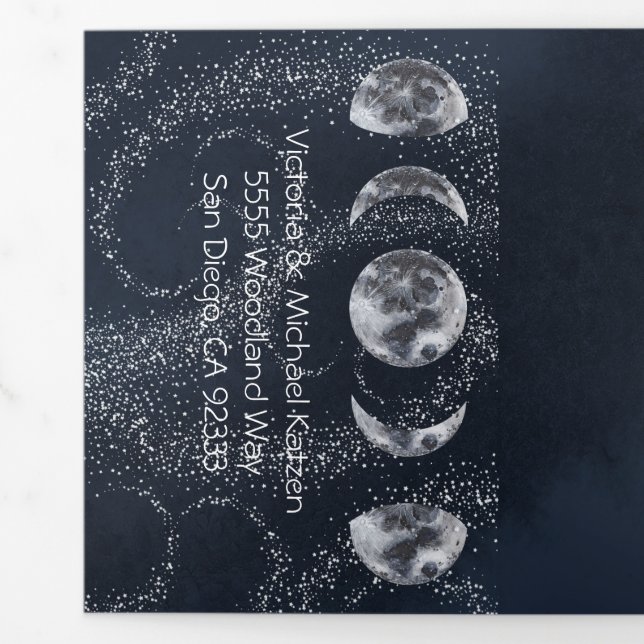 Convite Com Dobra Tripla Casamento Celestial de Lua Cheia e Estrelas (Aba)