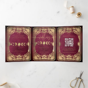 Convite Com Dobra Tripla Casamento Celestial Tarot em Borgonha e Dourado Fa