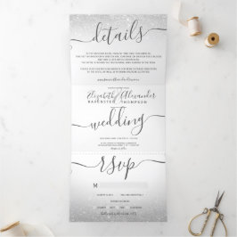 Convite Com Dobra Tripla Casamento chic com guião branco ombre