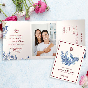 Convite Com Dobra Tripla Casamento Chinês Floral Elegante da Pega