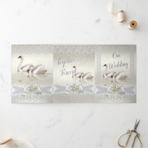 Convite Com Dobra Tripla Casamento Cisnes Brancos Creme Pérola Renda Damask