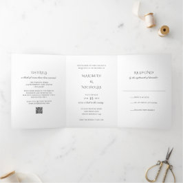 Convite Com Dobra Tripla Casamento Clássico com QR Code Preto e Branco Mode