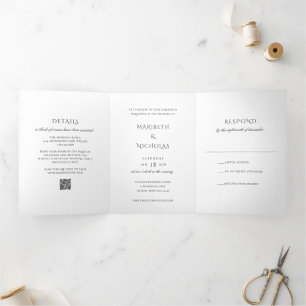 Convite Com Dobra Tripla Casamento Clássico com QR Code Preto e Branco Mode