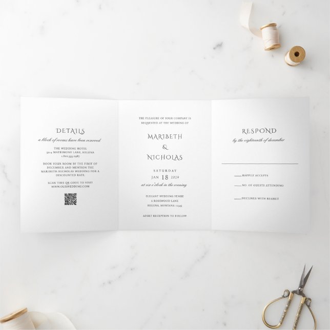 Convite Com Dobra Tripla Casamento Clássico com QR Code Preto e Branco Mode (Dentro)